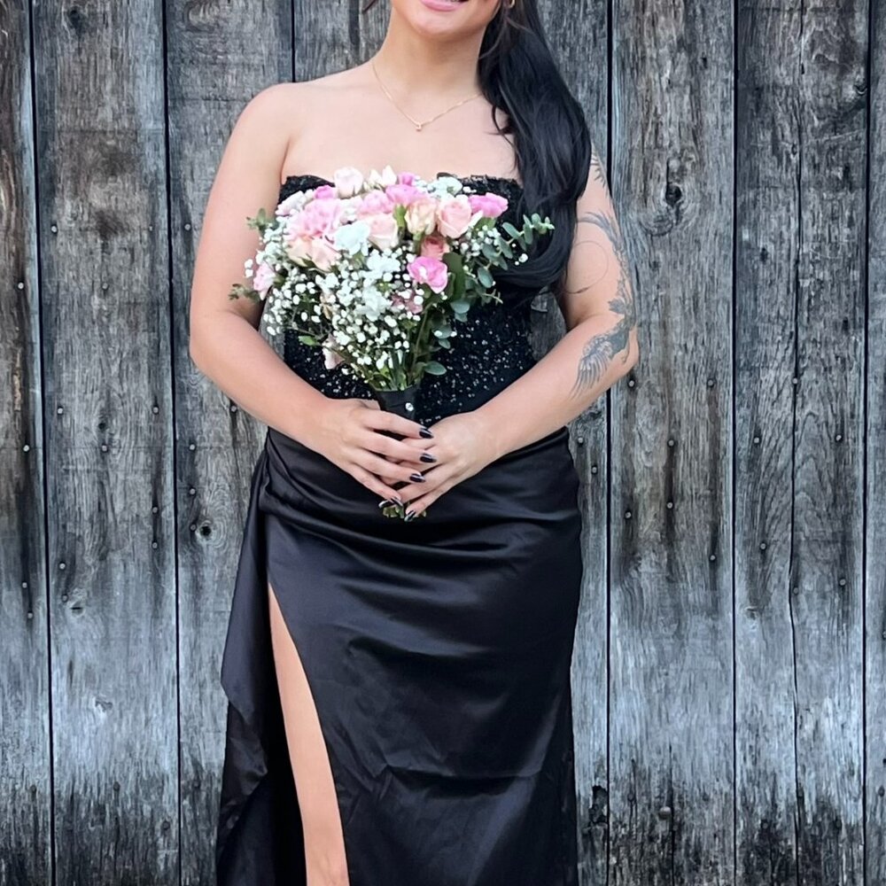 Babyboo Black Sequin Strapless Satin Gown | Side Slit | Size M